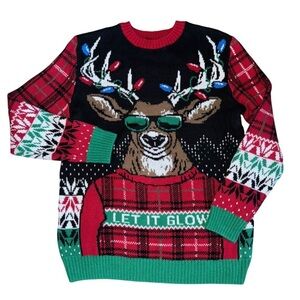 Ugly Holiday Sweater Reindeer Let It Glow Christmas Sweater Size Large